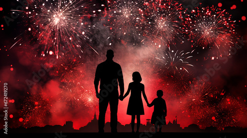  Silhouette of a man on the background of fireworks,Generated by AI
