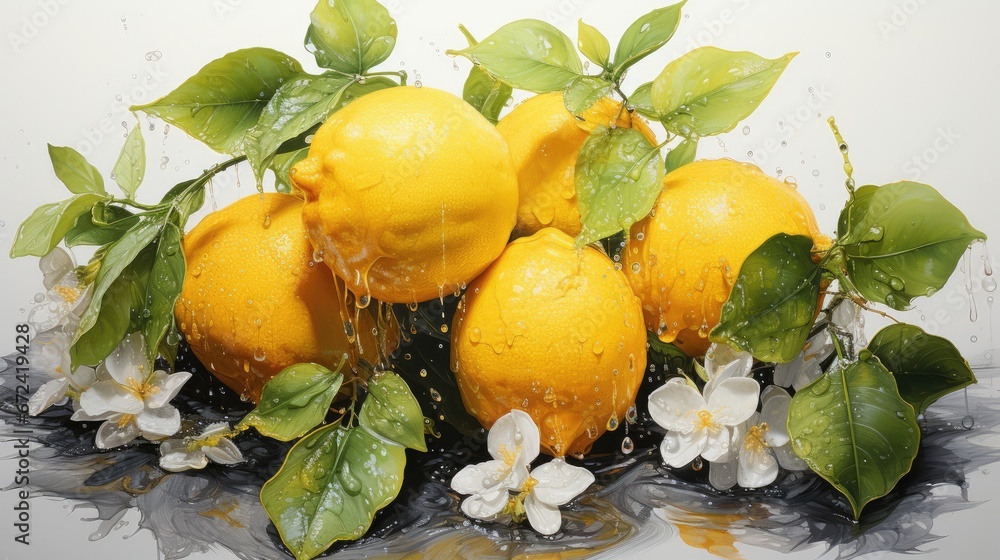  a group of lemons sitting on top of a puddle of water with leaves and flowers on the bottom of the picture.  generative ai