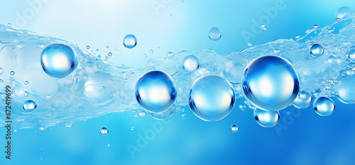 Blue water with bubbles on blue background. 3D illustration. Copy space. Water drops on blue background. abstract blue background with water drops and bubbles.