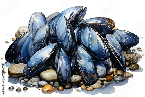 mussel in shell isolated against transparent background in watercolor painting style photo