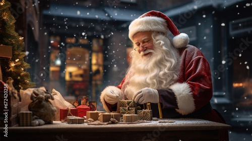 Santa lays out gift boxes on the table.final preparations on Christmas Eve. 