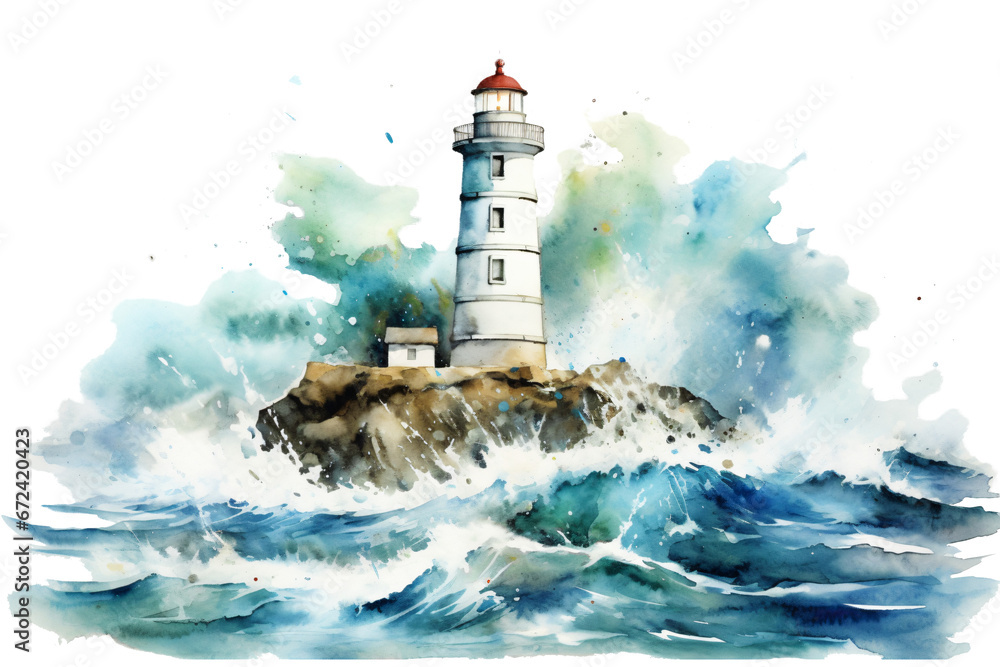 lighthouse on the coast isolated against transparent background in watercolor design