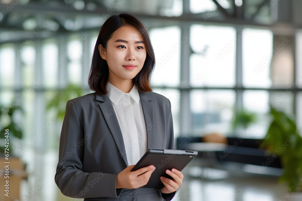 Young Asian business woman entrepreneur standing in office holding digital tablet. Businesswoman leader, professional company manager using smart corporate management technology looking at copy space. Young Asian business woman entrepreneur standing in office holding digital tablet. Businesswoman leader, professional company manager using smart corporate management technology looking at copy space.