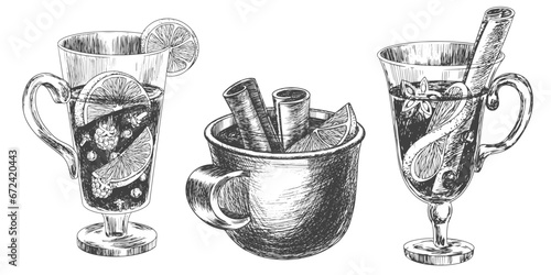 Set of different glasses with mulled wine. Sketch style mug of mulled wine. Engraving style Christmas drinks with spices, orange, cinnamon. Black and white hand drawn illustration with winter drinks. 