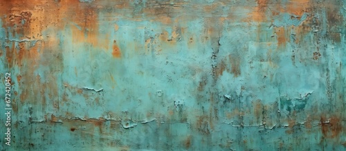 An abstract background with a grunge blue green color featuring a texture resembling painted rusted metal and an iron fence The background also showcases elements of oxidized copper patina 