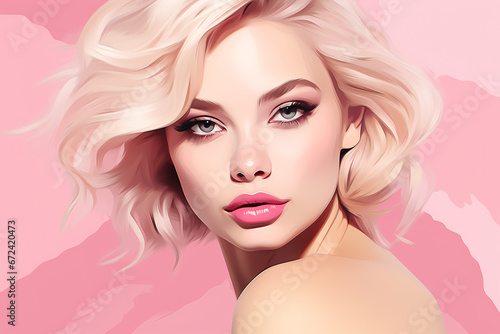 Perfect make-up. Beauty, fashion. girl with pink lips. Beautiful blonde woman with curly hair on a pink background. Blonde girl with pink makeup.