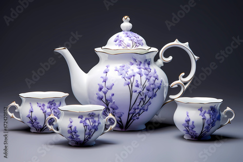 This exquisite hand-painted, mystical, lavender gray porcelain tea set embodies a timeless elegance, where each delicate piece showcases the fusion of intricate design and fine craftsmanship