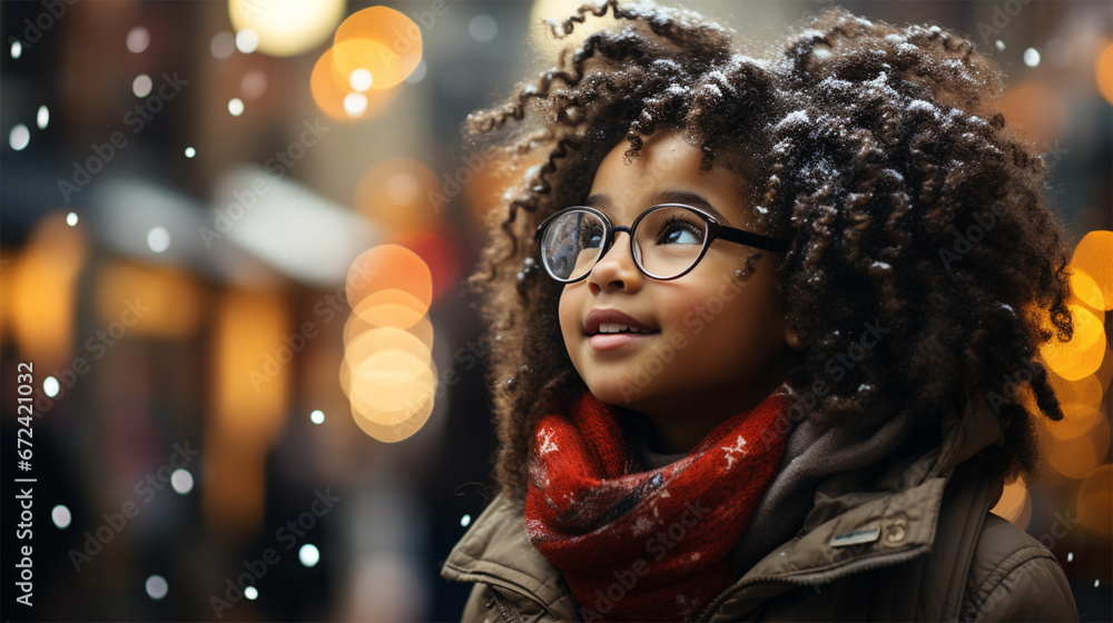 Cute curly African child at Christmas market looking up at Christmas tree or display case. Cute curly African child at Christmas market looking up at Christmas tree or display case.
