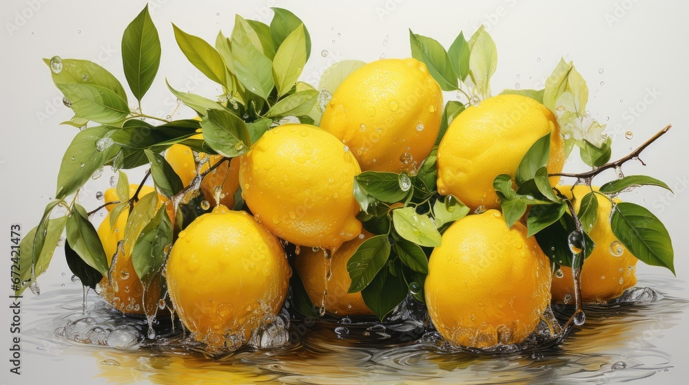  a bunch of lemons sitting on top of a pile of water with green leaves on the top of them.  generative ai