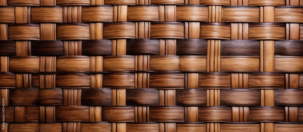 A wicker rattan surface in shades of light and dark brown seen from the side A wicker rattan surface in shades of light and dark brown seen from the side