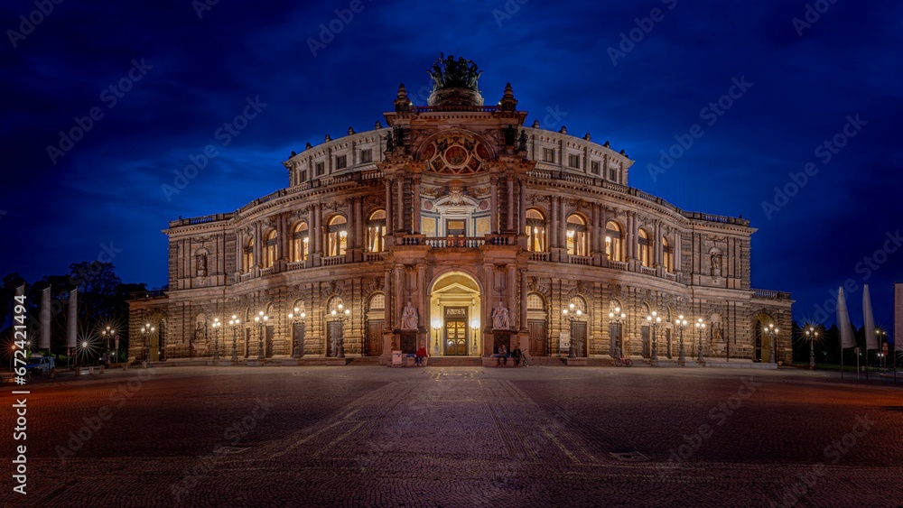 Theatreplatz Square illuminated in the blue hour, located in the historic center of Dresden