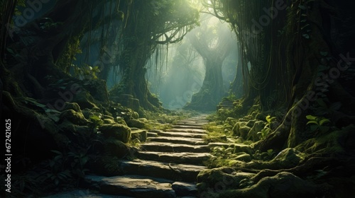  a path in the middle of a forest with moss growing on the rocks and trees on either side of it.  generative ai