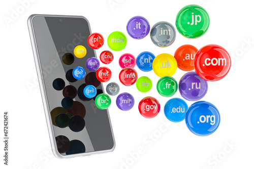 Mobile phone with domain names, 3D rendering isolated on transparent background