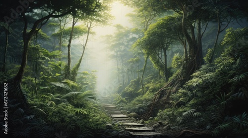  a painting of a path in the middle of a forest with lots of trees and plants on either side of it.  generative ai © Anna