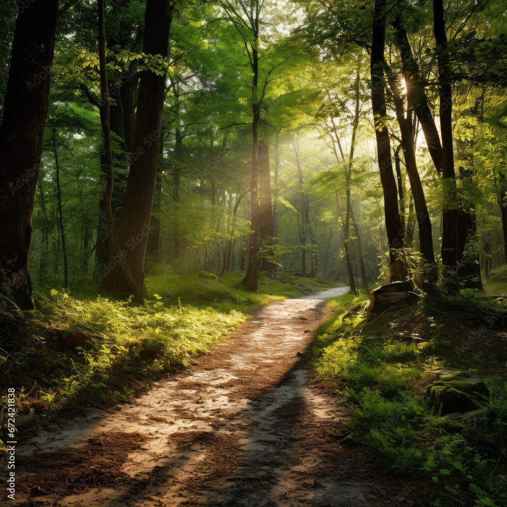 Obraz premium Tranquil Morning Walk Amongst Woodland Foliage and Sunlit Trees