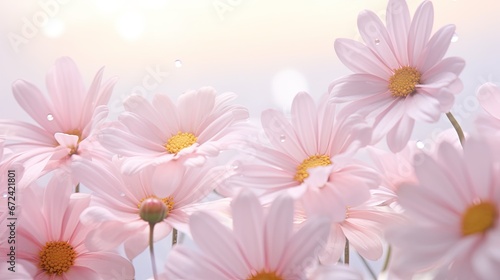  a bunch of pink daisies in a field with drops of water on the petals and a pink sky in the background.  generative ai