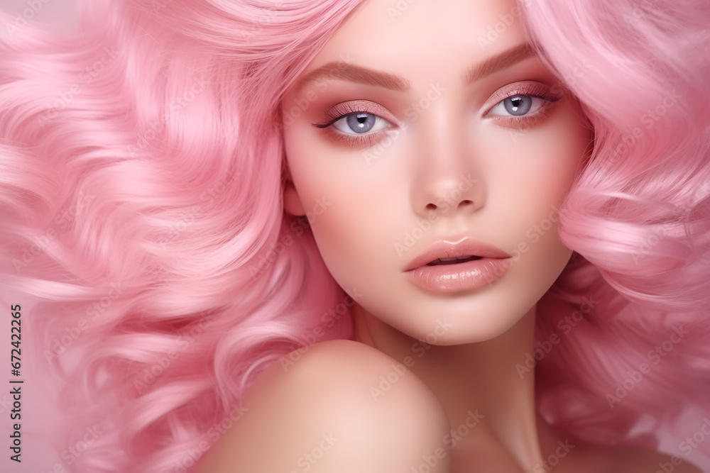 Portrait of a beautiful girl with pink hair. Perfect make-up. young woman with pink hair. Beauty, fashion. girl with pink lips. 