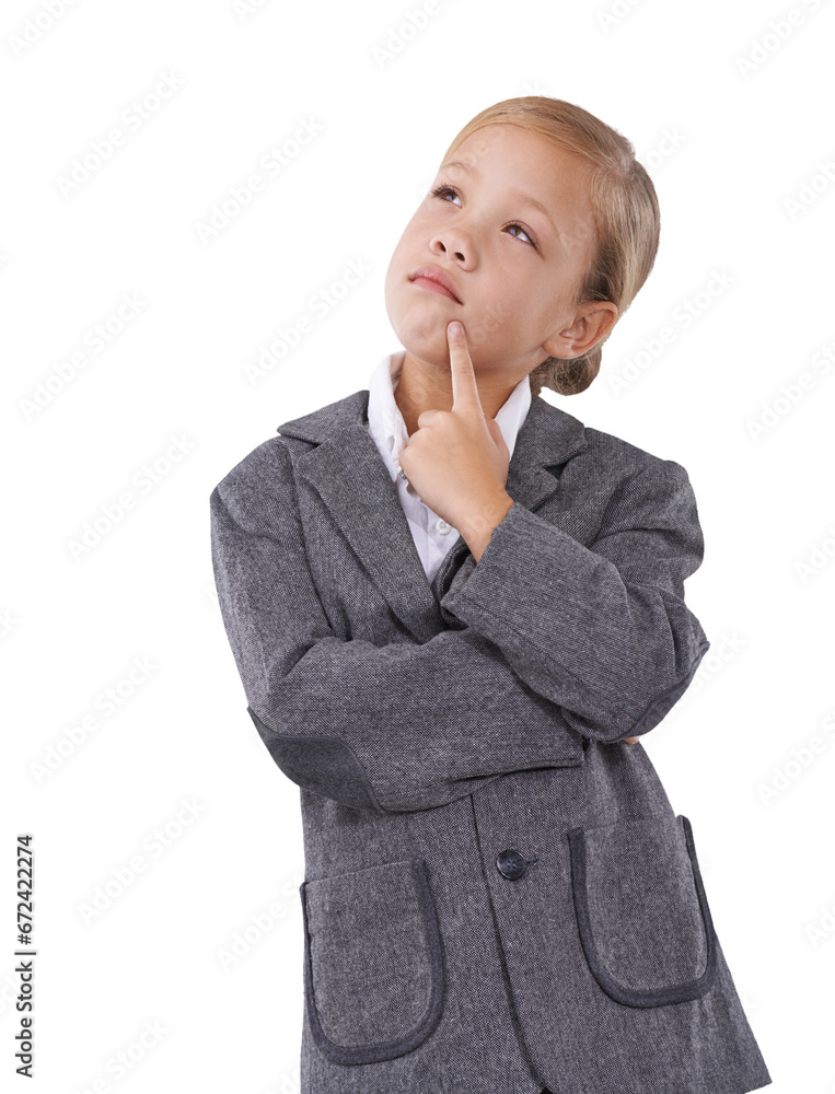 Girl child in business, thinking and idea for future career isolated on transparent png background. Young kid, little businesswoman clothes and pretend professional with insight for dream job in suit Girl child in business, thinking and idea for future career isolated on transparent png background. Young kid, little businesswoman clothes and pretend professional with insight for dream job in suit