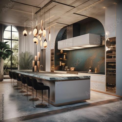 AI generated illustration of a contemporary kitchen in gray and golden colors photo