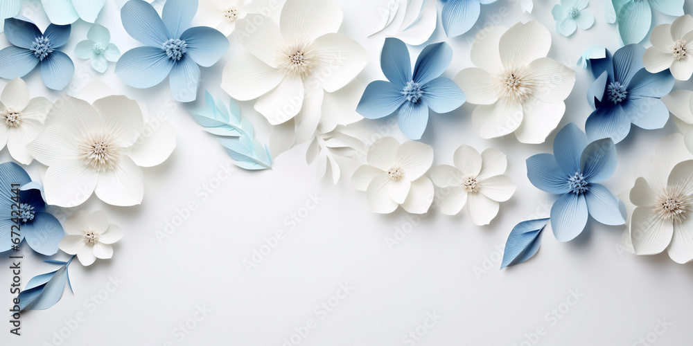 blue and white paper flowers on white background. Floral background with copy space.. Flat lay, top view. frame with paper flowers on white background blue and white paper flowers on white background. Floral background with copy space.. Flat lay, top view. frame with paper flowers on white background