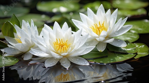  a group of white water lilies floating on top of a body of water next to green leafy plants. generative ai