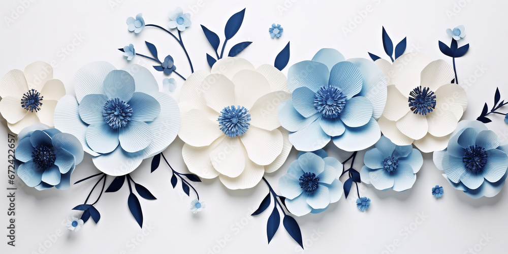 blue and white paper flowers on white background. Floral background ...