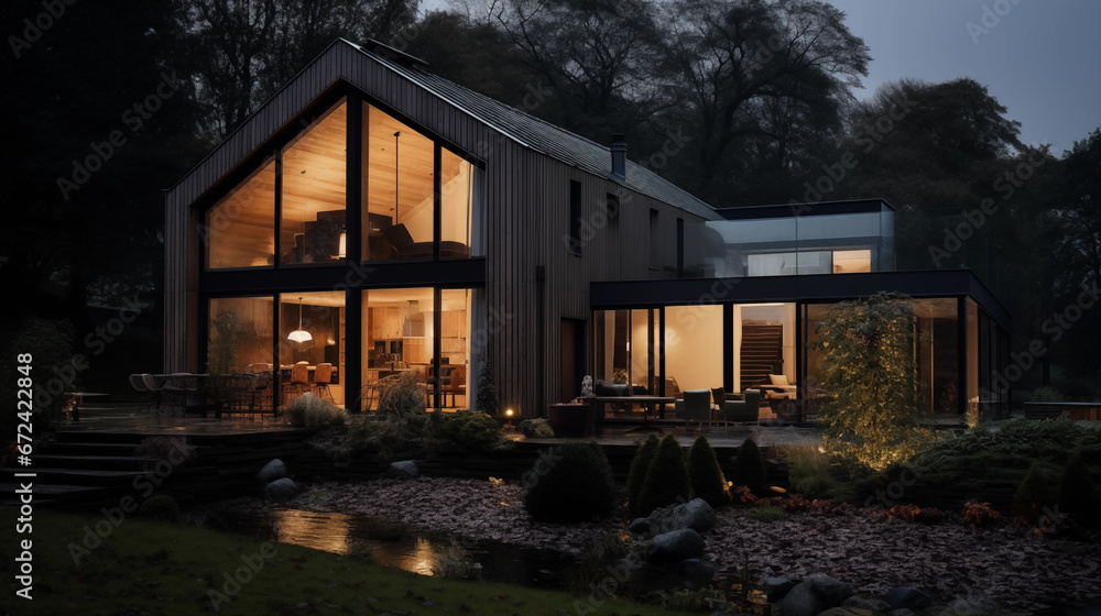 a modern minimalist dark cedar clad house at dusk a modern minimalist dark cedar clad house at dusk
