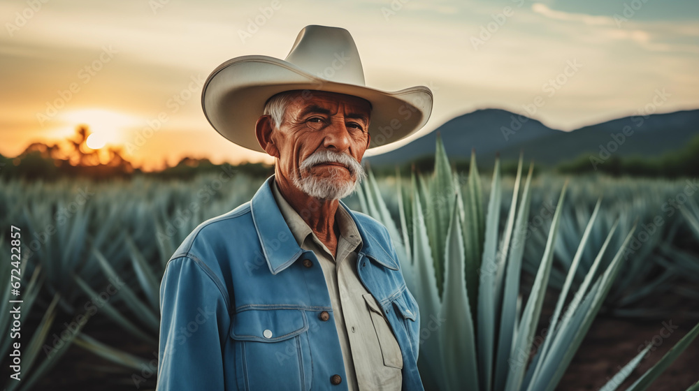 A handsome weathered old agave farmer stands with his crops in mexico