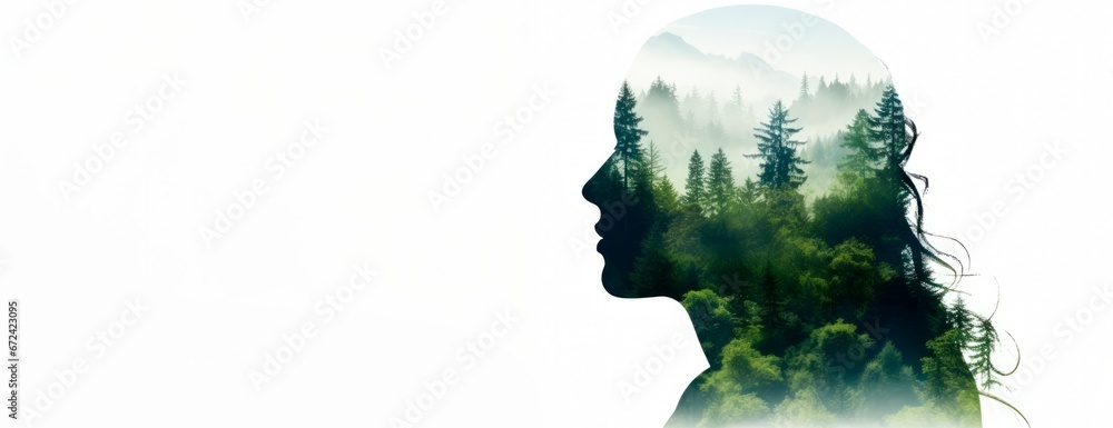 a woman's silhouette head features a background of trees and mountains, Double exposure portrait, People and nature concept.banner, wallpaper, copy space for text a woman's silhouette head features a background of trees and mountains, Double exposure portrait, People and nature concept.banner, wallpaper, copy space for text
