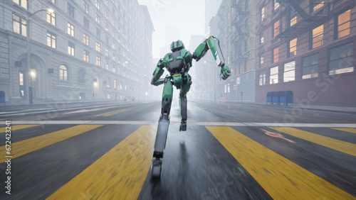The humanoid AI robot runs along a deserted street in a big city. 3d render. future concept