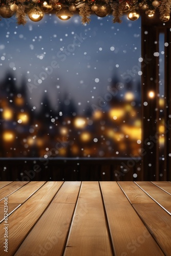 Wallpaper Mural A wooden deck with festive Christmas lights in the background. Perfect for creating a cozy and warm holiday atmosphere. Torontodigital.ca