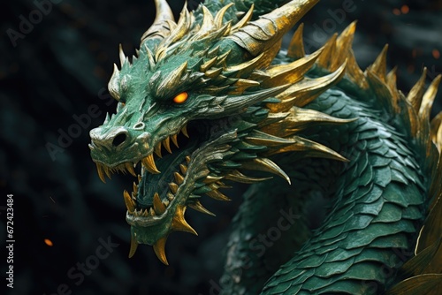 A close-up view of a green dragon statue. This image can be used to add a touch of fantasy and mythology to various design projects.