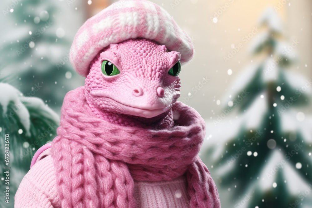 A picture of a pink lizard wearing a pink hat and scarf. Can be used for children's illustrations or nature-themed designs.