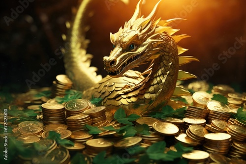 A majestic golden dragon statue perched on a stack of shiny coins. Perfect for themes of wealth, prosperity, and mythical creatures. Ideal for use in financial or fantasy-related projects.