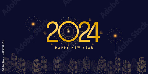 Happy New Year 2024 Poster Design. Classic Watch Golden Theme with Firework and City in The Night Background Vector Illustration