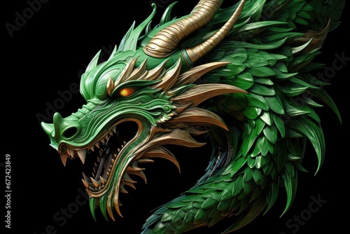 A close-up view of a dragon's head on a black background. This image can be used to add a touch of fantasy and mystique to any project.