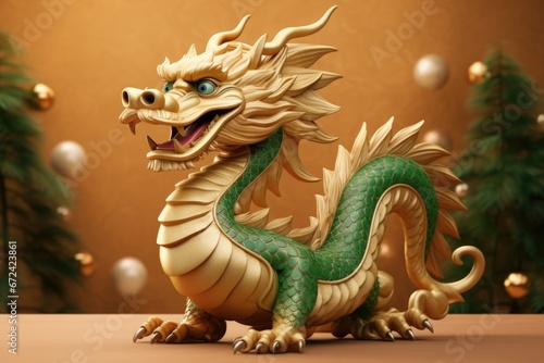 A statue of a majestic green and gold dragon. Perfect for adding a touch of fantasy and mythology to any setting.