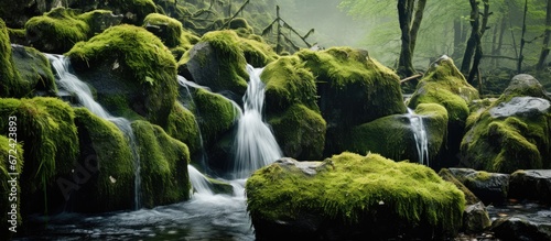 A waterfall cascades down the mountainside surrounded by boulders draped in moss