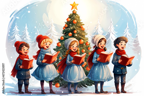 A group of children singing Christmas carols next to a Christmas tree on a snowy day photo