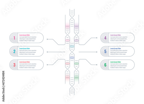 dna symbol informational template. science, chemistry, web, education, internet, magazine, annual report infographic template. six steps infographic template
