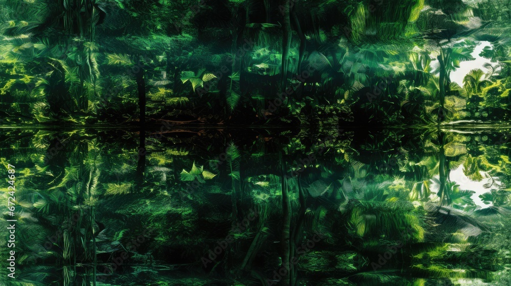  a painting of a forest with lots of trees and plants in the foreground and a body of water in the background.  generative ai