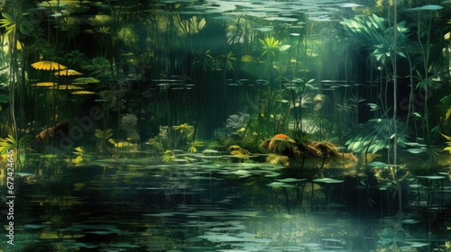  a painting of a swamp filled with lots of water lilies and green plants and plants growing on the side of the water.  generative ai