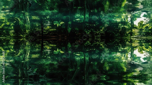  a painting of a forest with lots of trees and plants in the foreground and a body of water in the background. generative ai