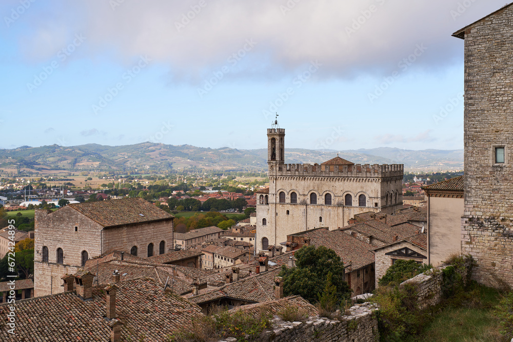 The medieval town of Gubbio with a view on the gothic building Palazzo dei Consoli, Umbria, Italy	