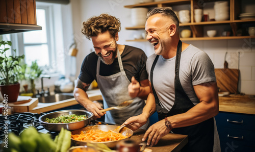 Sharing Meals and Smiles: Gay Couple Cooking in Kitchen photo