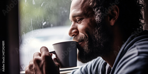 Man Captivated by the Outside World with Coffee in Hand