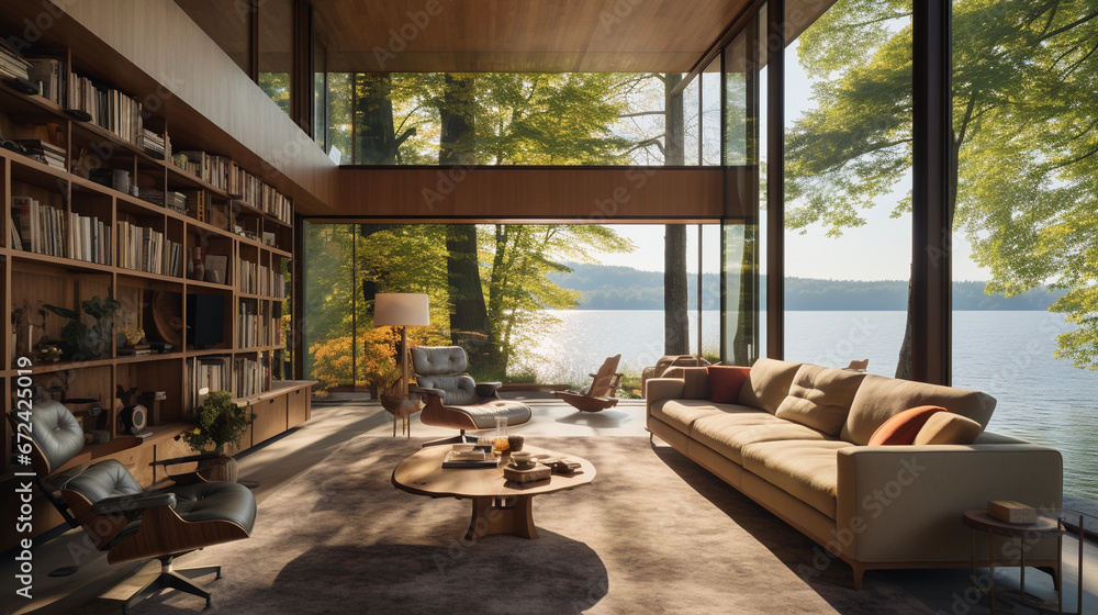 A sunlit living room with floor-to-ceiling windows ove
