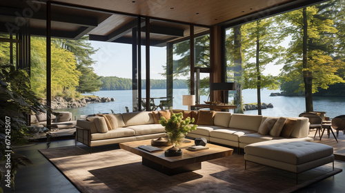 A sunlit living room with floor-to-ceiling windows ove