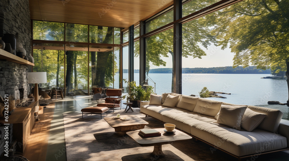 Fototapeta premium A sunlit living room with floor-to-ceiling windows ove