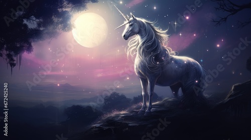  a white unicorn standing on top of a hill under a purple sky with stars and a full moon behind it.  generative ai © Anna